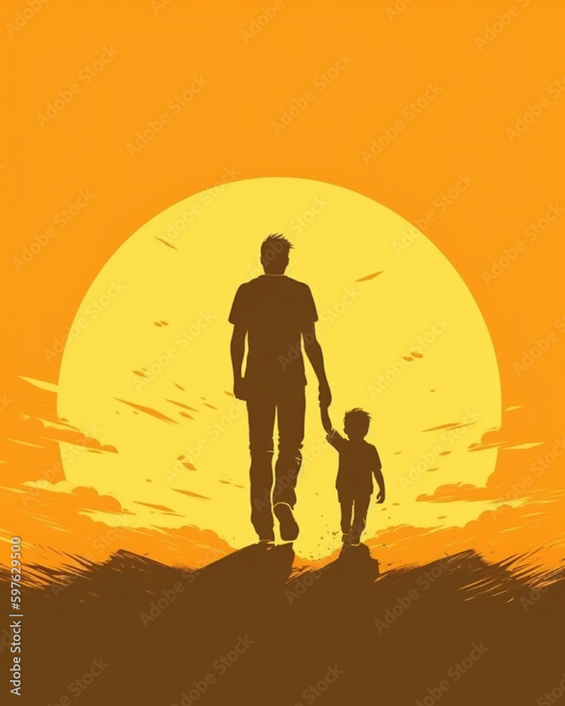 Father and Child Holding Hands as they Walk Together - Pop Art Orange Color Tone Fathers Day Vector Theme - Generative AI