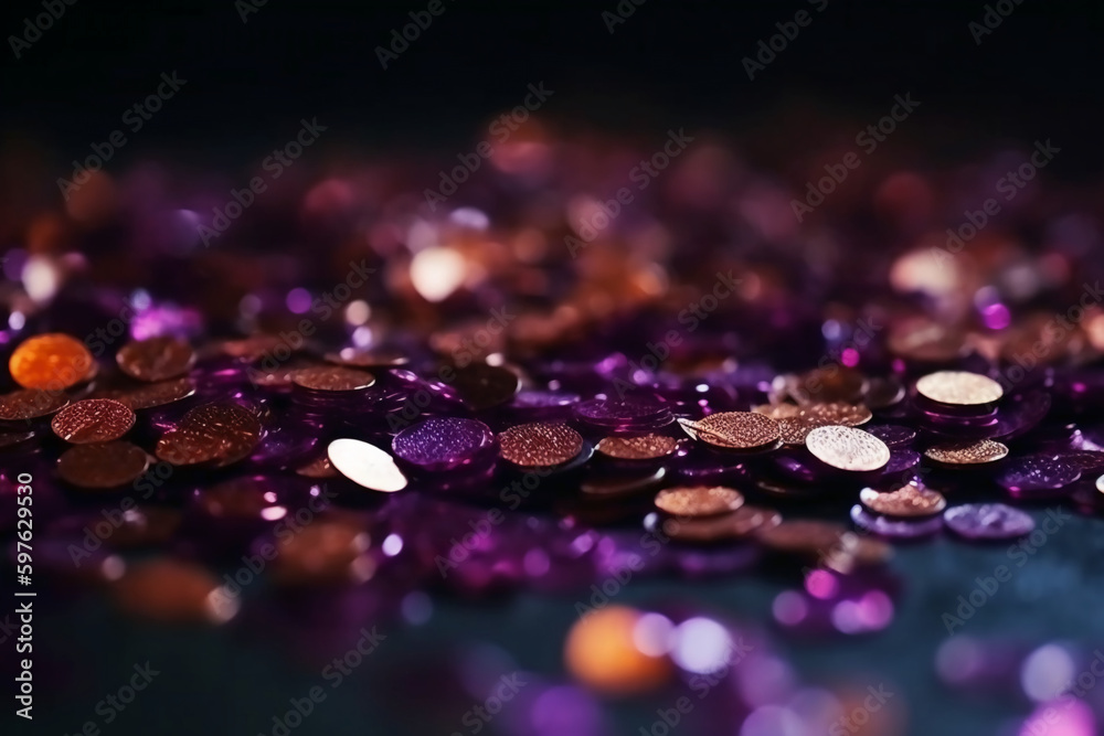 Sparkling Glitter abstract background dark purple saturated color, de - focused, macro. Sequins fall and sparkle, round bokeh. AI generative