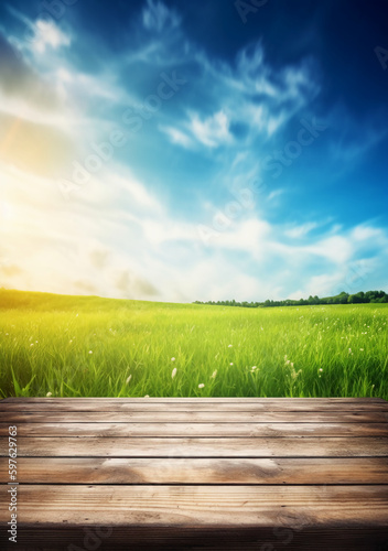 Spring summer beautiful background with green juicy young grass and empty wooden table in nature outdoor. Natural template landscape with blue sky and sun. AI generative