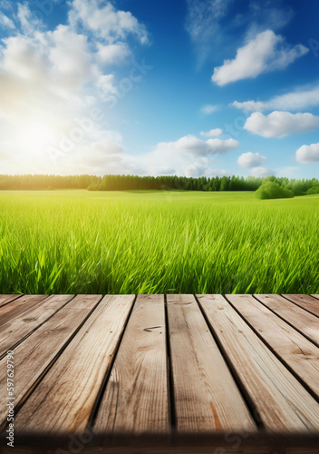Spring summer beautiful background with green juicy young grass and empty wooden table in nature outdoor. Natural template landscape with blue sky and sun. AI generative