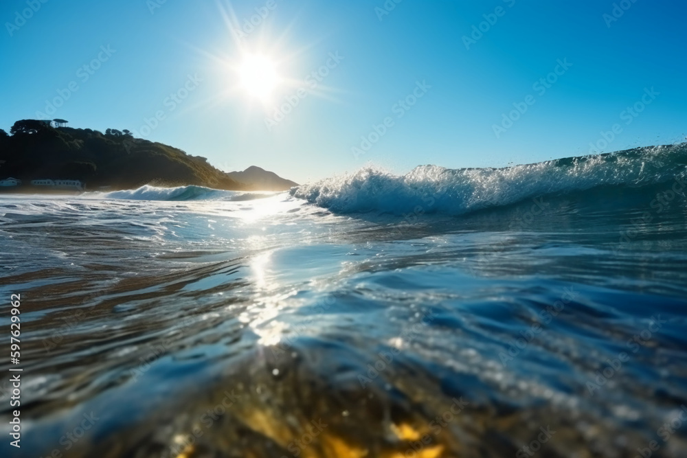 Naklejka premium Summer landscape, nature of tropical with rays of sun light. Beautiful sun glare in wave of transparent blue water on beach against blue sky. AI generative