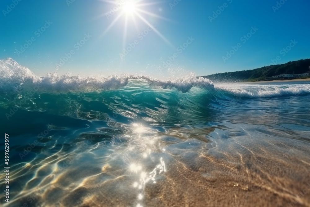 Summer landscape, nature of tropical with rays of sun light. Beautiful sun glare in wave of transparent blue water on beach against blue sky. AI generative