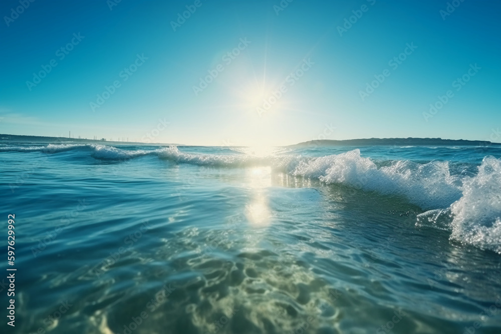 Fototapeta premium Summer landscape, nature of tropical with rays of sun light. Beautiful sun glare in wave of transparent blue water on beach against blue sky. AI generative