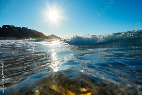 Summer landscape, nature of tropical with rays of sun light. Beautiful sun glare in wave of transparent blue water on beach against blue sky. AI generative