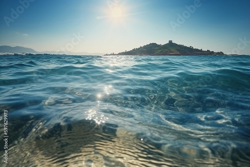 Summer landscape, nature of tropical with rays of sun light. Beautiful sun glare in wave of transparent blue water on beach against blue sky. AI generative