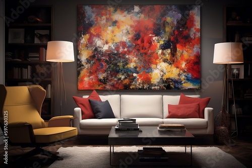Bold and dramatic abstract expressionism in a contemporary living space: Vibrant primary colors with strong light and shadow, created using generative AI
