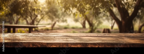 Empty wooden table. Background with trees blurry. Concept advertisement banner. Generative AI
