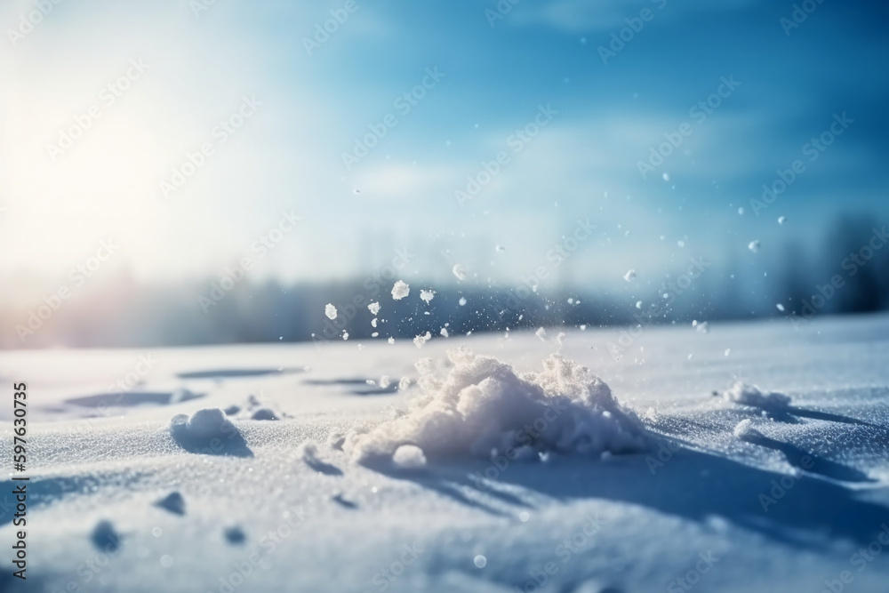 Winter snow background with snowdrifts, beautiful light and falling flakes of snow on blue sky, drifting snow. AI generative