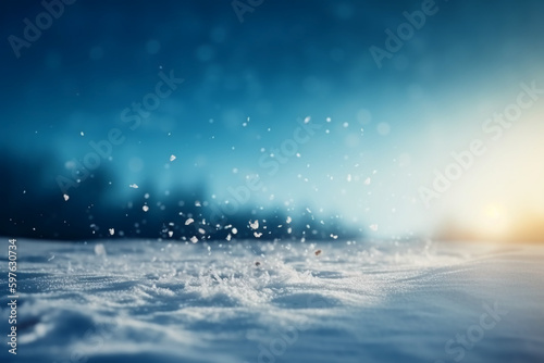 Winter snow background with snowdrifts  beautiful light and falling flakes of snow on blue sky  drifting snow. AI generative