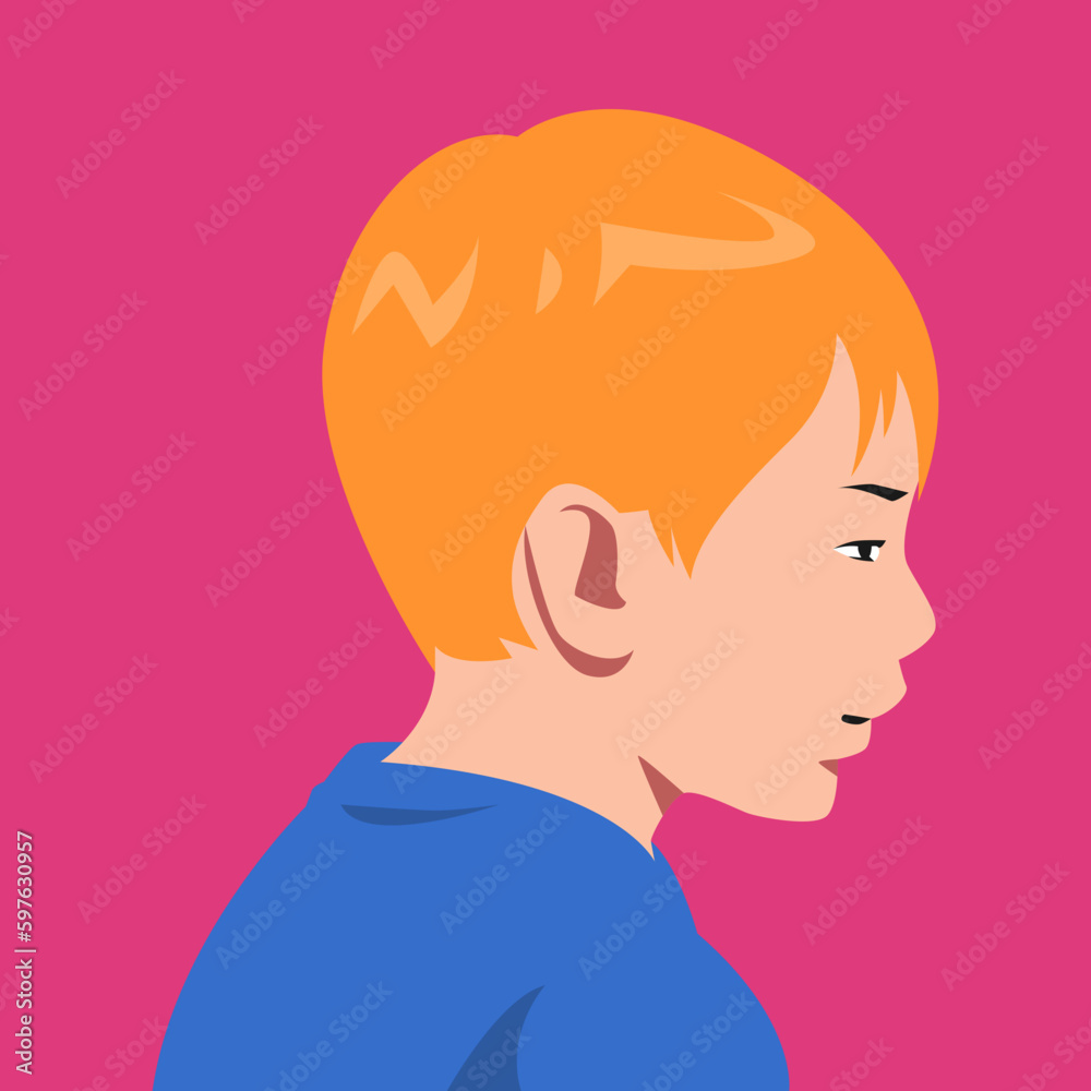 portrait of a boy with orange hair. side view. suitable for avatar, social media profile, print, poster. flat vector illustration.