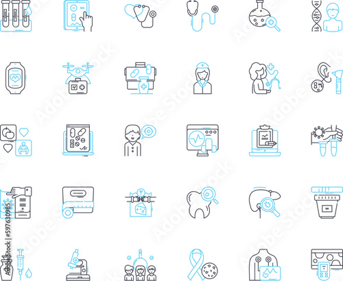 Infirmary linear icons set. Bed, Medicine, Nurse, Patient, Hospital, Emergency, Care line vector and concept signs. Doctor,Ambulance,Health outline illustrations Generative AI