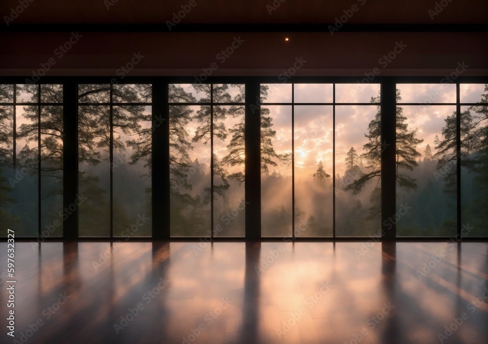 Fototapeta premium Vista del atardecer desde el interior de una sala de Yoga. Generado por AI generativa y retoque manual.