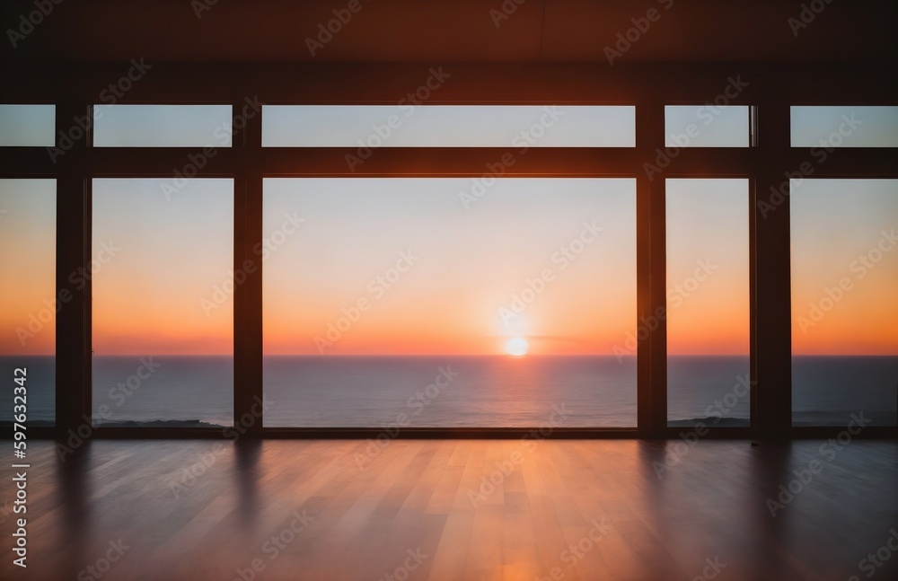Vista del atardecer desde el interior de una sala de Yoga. Generado por AI generativa y retoque manual. Vista del atardecer desde el interior de una sala de Yoga. Generado por AI generativa y retoque manual.