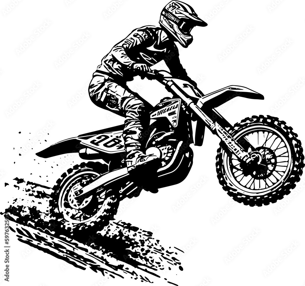 Illustration of motocross in black and white style. Illustration of motocross in black and white style.