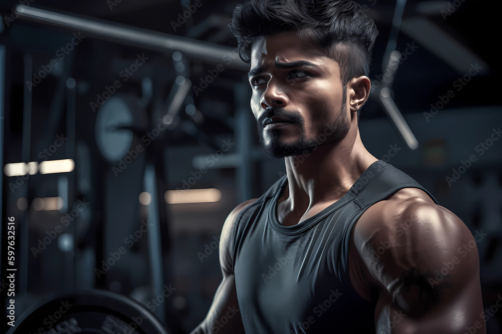 Portrait of an Indian athlete in gym, Working out in gym, Handsome Indian guy. Generative AI Portrait of an Indian athlete in gym, Working out in gym, Handsome Indian guy. Generative AI