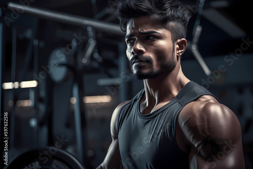 Portrait of an Indian athlete in gym  Working out in gym  Handsome Indian guy. Generative AI