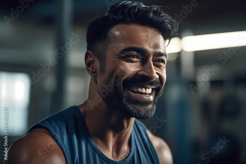 Portrait of an Indian man in gym, Handsome and smart, fit and confident. Generative AI © Varma