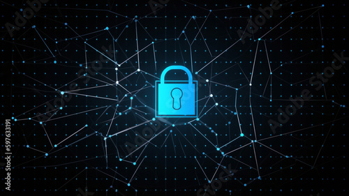 Data mesh security lock in blue and black with binary background