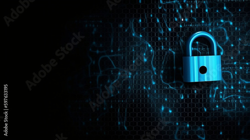 Data mesh security lock in blue and black with binary background