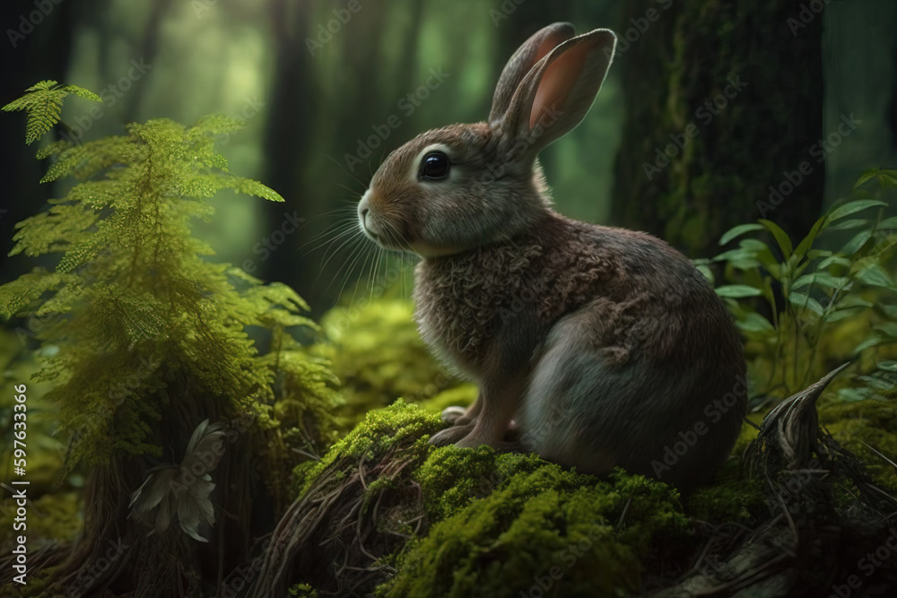 Fototapeta premium Generative AI, young gray rabbit in the spring in the forest. Animal illustration.