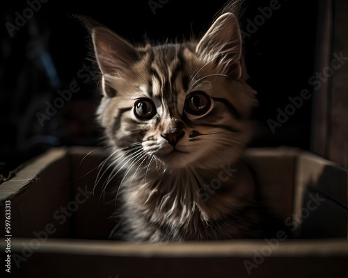 Adorable Kitten Sitting in a Colorful Cardboard Box, Pet Photography, AI Generated