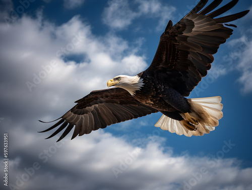 A majestic bald eagle soaring through the air with its wings outstretched