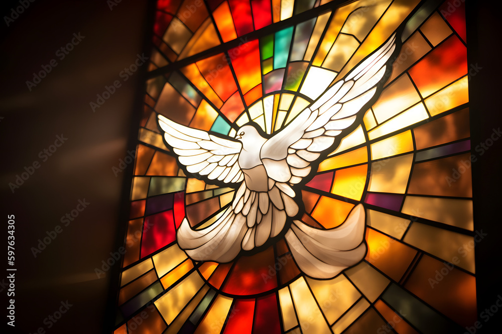stained glass window with dove shape, Pentecost - obrazy, fototapety, plakaty 