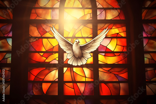 Photo stained glass window with dove shape, Pentecost