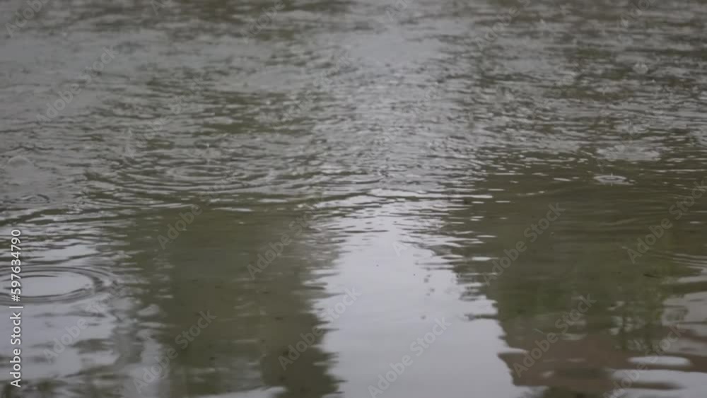 Rippled Raindrops break in puddles. Heavy Raindrops into the endless outside close-up. Rippled Raindrops break in puddles. Heavy Raindrops into the endless outside close-up.