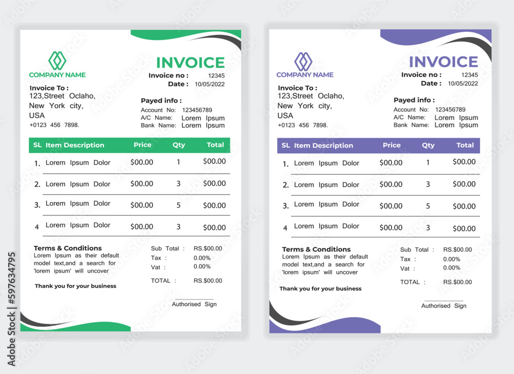 Business corporate creative invoice template. minimal style invoice vector template design