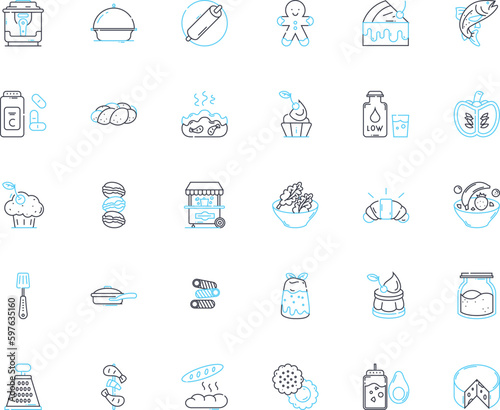 Cafeteria linear icons set. Food, Canteen, Eatery, Restaurant, Lunchroom, Dining, Casual line vector and concept signs. Buffet,Refreshments,Beverages outline illustrations