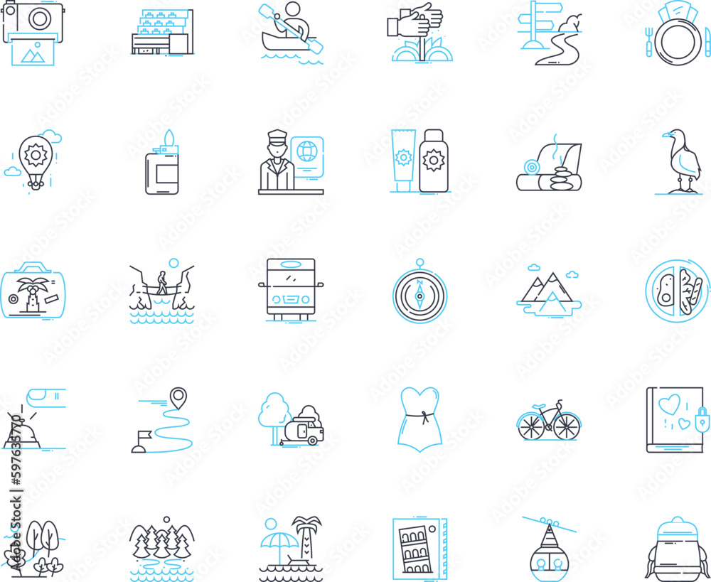 Adventure excursion linear icons set. Expedition, Trek, Safari, Journey, Odyssey, Voyage, Quest line vector and concept signs. Explore,Discover,Adrenaline outline illustrations Adventure excursion linear icons set. Expedition, Trek, Safari, Journey, Odyssey, Voyage, Quest line vector and concept signs. Explore,Discover,Adrenaline outline illustrations