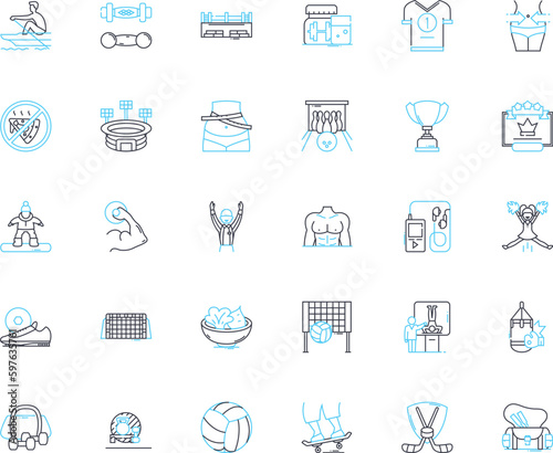 Bodybuilding linear icons set. Fitness, Strength, Muscles, Workout, Gym, Endurance, Nutrition line vector and concept signs. Protein,Reps,Sets outline illustrations