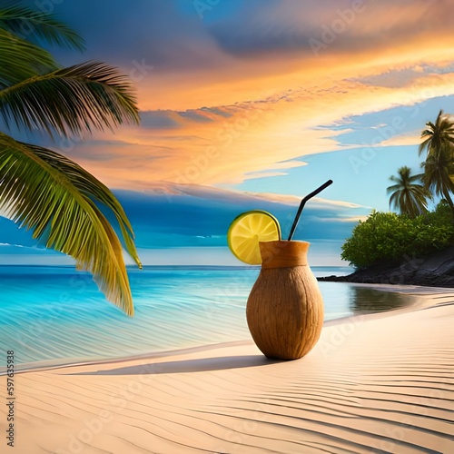Fresh coconuts on a wooden table by the beach in summer, great for business, travel, resort themes, companies, websites, blogs etc. Ai generated image concept