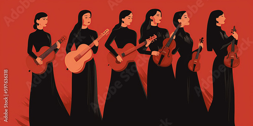 female mariachi band, mexican music group of women playing guitar, minimalist illustration, generative AI