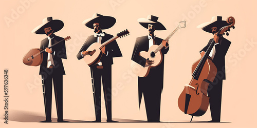 mexican mariachi band, traditional hispanic music group latin men playing instruments guitar and bass, generative AI