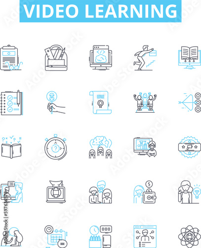 Video learning vector line icons set. Video, Learning, Course, Tutorial, Lesson, Education, E-learning illustration outline concept symbols and signs