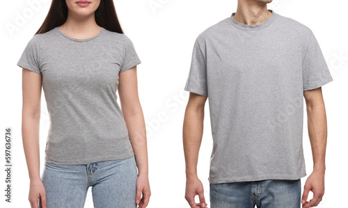 People wearing grey t-shirts on white background, closeup. Mockup for design