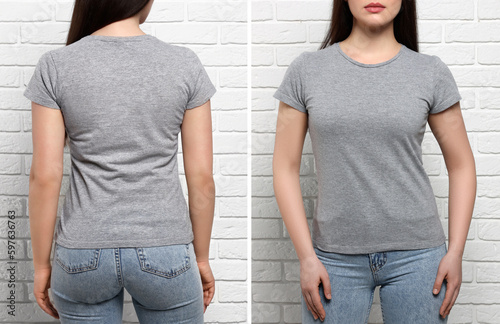 Woman wearing grey t-shirt near white brick wall, back and front views. Mockup for design