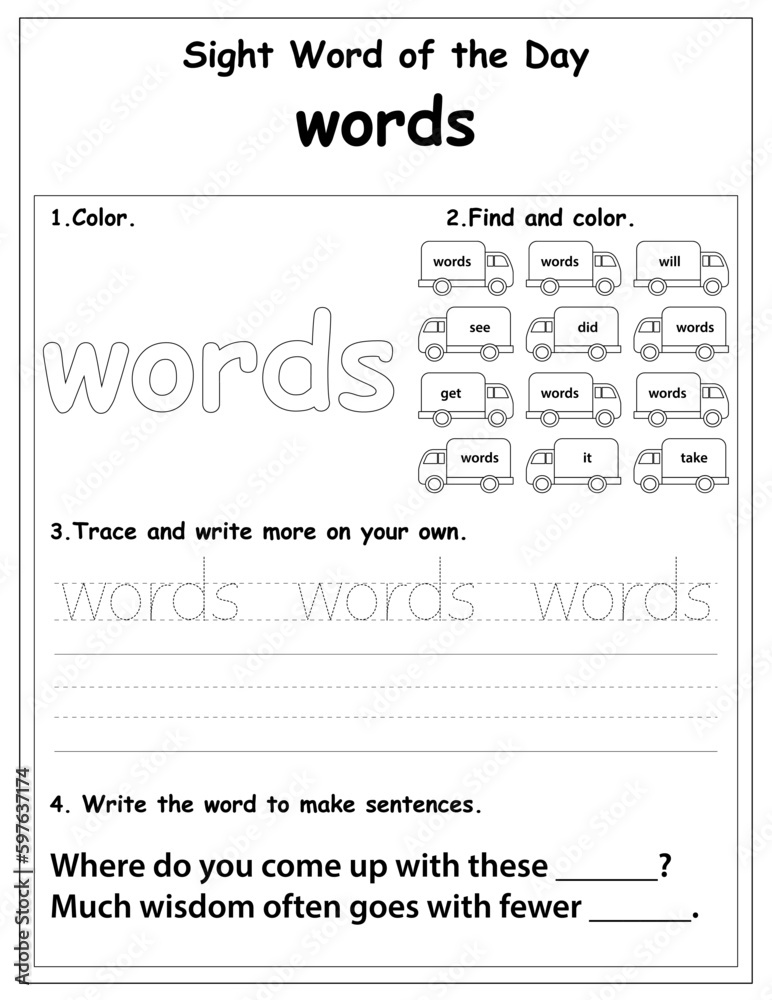 Sight words educational worksheet for preschool and primary school ...