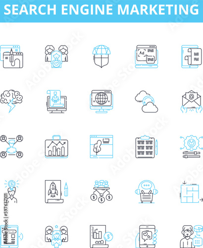 Search engine marketing vector line icons set. SEM, SEO, Advertising, PPC, Content, Analytics, Rankings illustration outline concept symbols and signs