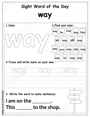 Sight words educational worksheet for preschool and primary school learning, coloring activities for children, preschool activities