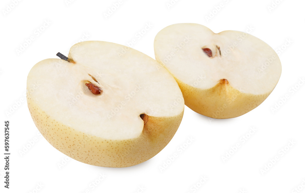 Halves of fresh apple pear isolated on white Halves of fresh apple pear isolated on white