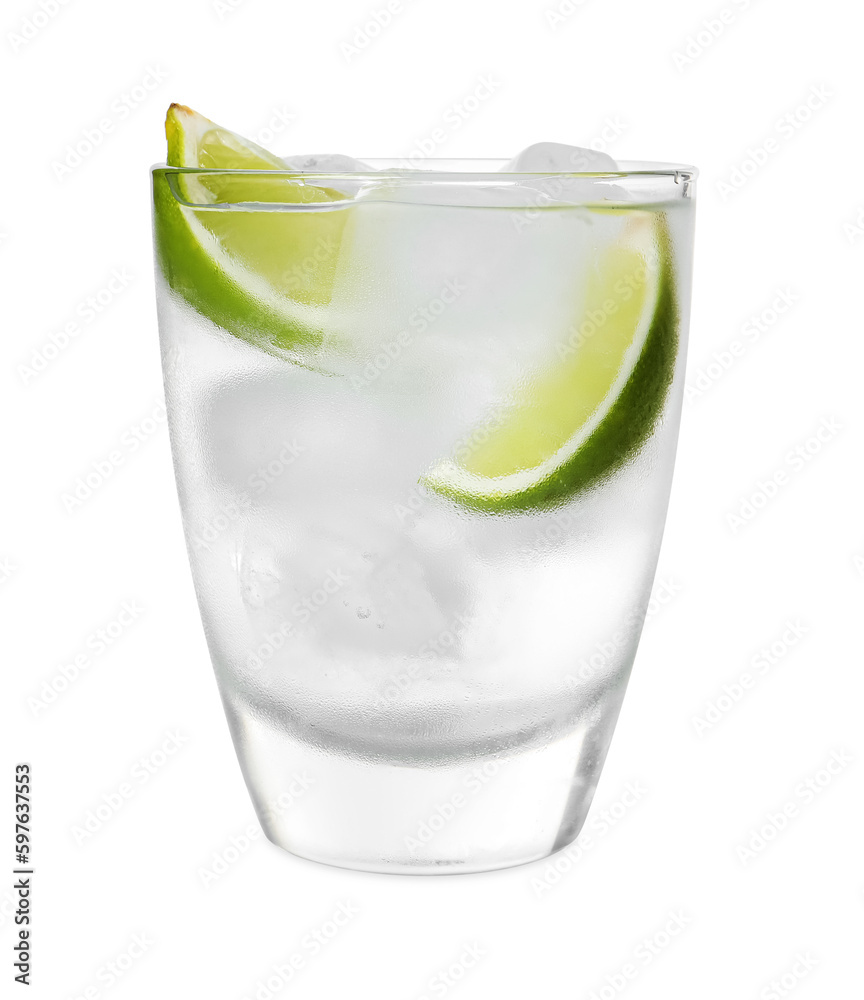 Glass of vodka with ice and lime isolated on white Glass of vodka with ice and lime isolated on white