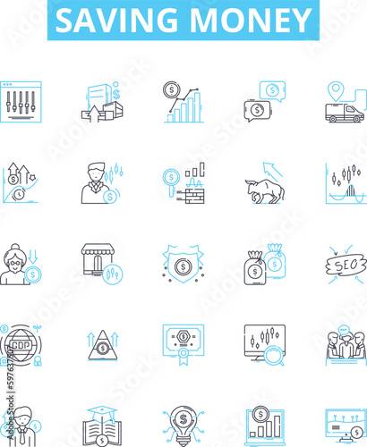 Saving money vector line icons set. Frugal, Budgeting, Investing, Thrifty, haircut, Discounts, penny-pinching illustration outline concept symbols and signs