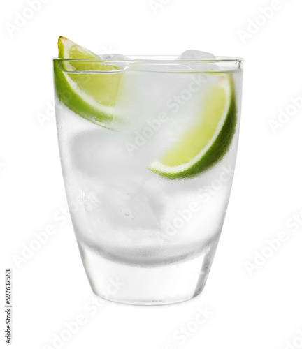 Glass of vodka with ice and lime isolated on white