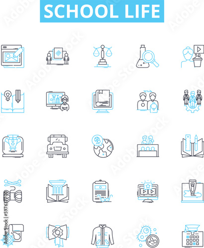 School life vector line icons set. learning, friends, education, teachers, playground, sports, knowledge illustration outline concept symbols and signs