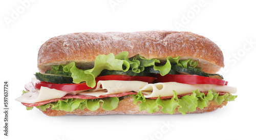 Delicious sandwich with fresh vegetables, cheese and salami isolated on white