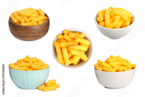 Bowls with tasty corn sticks on white background, collage design