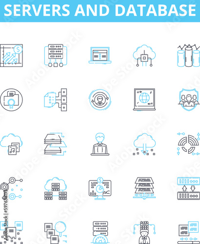 Servers and database vector line icons set. Servers, Databases, SQL, MySQL, PostgreSQL, Oracle, Microsoft SQL Server illustration outline concept symbols and signs